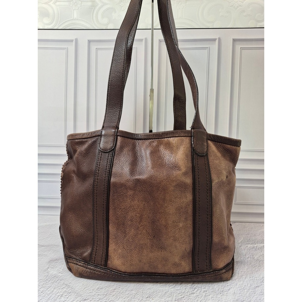 LL Bean Distressed Leather Boat Tote Bag Whipstitch Brown Boho Shoulder Bag